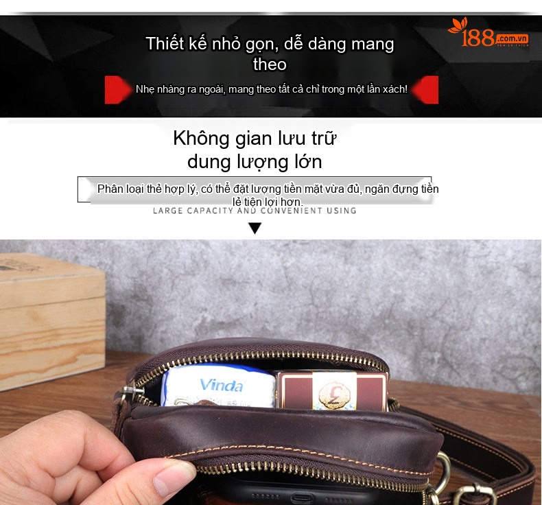 Túi Đeo Chéo Nam Da Bò Dáng Đứng Nhỏ Gọn Màu Nâu Đậm, Nâu Vàng chi tiết 7
