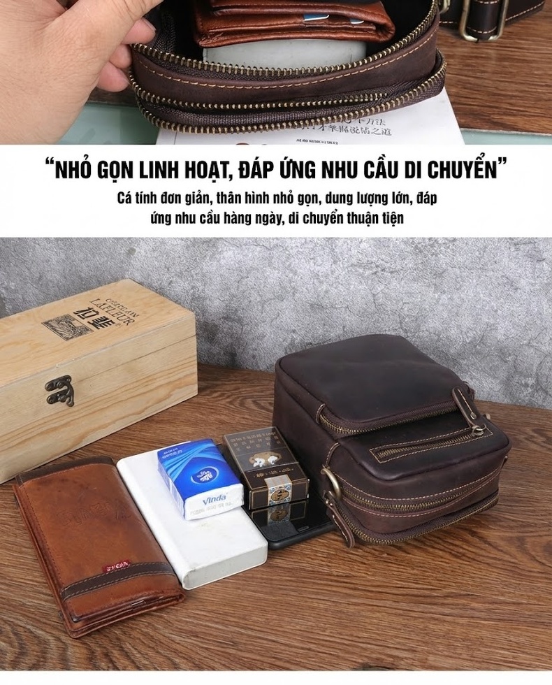 Túi Đeo Chéo Nam Da Bò Dáng Đứng Nhỏ Gọn Màu Nâu Đậm, Nâu Vàng chi tiết 8