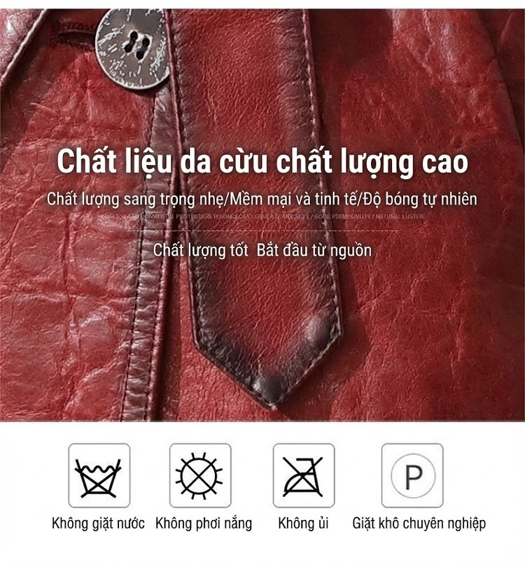 Áo Khoác Da Thật Nữ Dáng Ngắn Cổ chữ Vest Thời Trang Màu Đỏ chi tiết 6