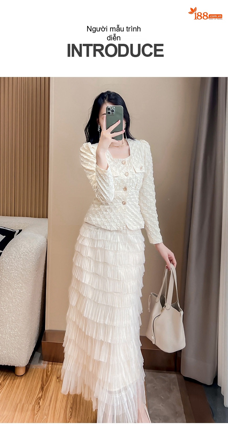 Set Áo Blazer và Chân Váy Xếp Tầng Nữ Tính Dự Tiệc Màu Xanh, Trắng chi tiết 12