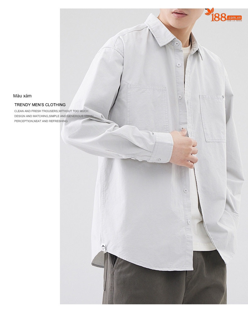 Áo Sơ Mi Dài Tay Nam Cotton Dáng Rộng Phong Cách Retro Màu Xanh Navy, Trắng chi tiết 6