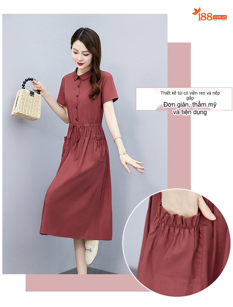 Váy Polo Nữ dáng chữ A Chiết Eo Thanh Lịch Màu Đỏ, Nâu, Xanh Navy, Xanh Lá chi tiết 7