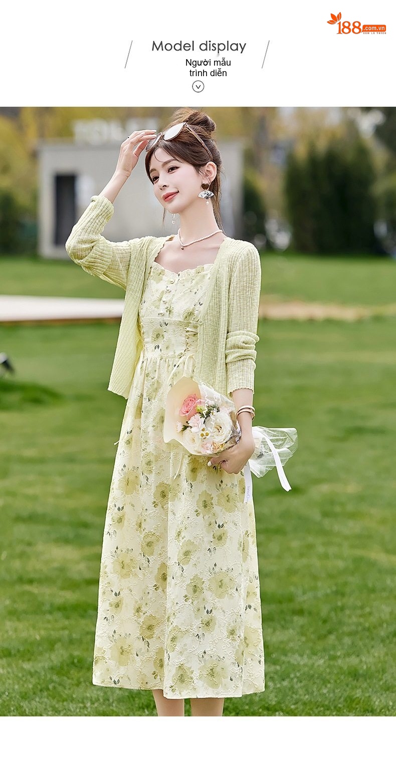 Váy Hai Dây Nữ dáng chữ A Chiết Eo Họa Tiết Hoa Nhỏ Kèm Áo Khoác Cardigan Dệt Kim Màu Xanh Nhạt chi tiết 10