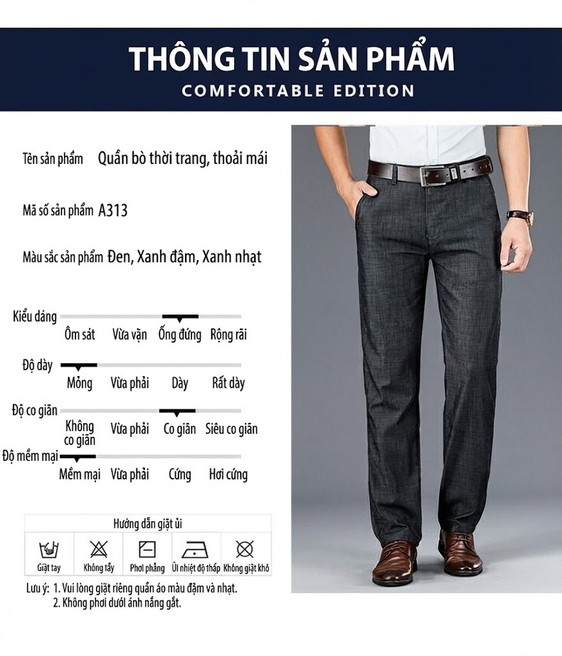 Quần Jean Nam Mỏng Nhẹ Co Giãn Thoải Mái Dáng Suông Màu Xanh Dương, Xanh Đen, Xám... chi tiết 1