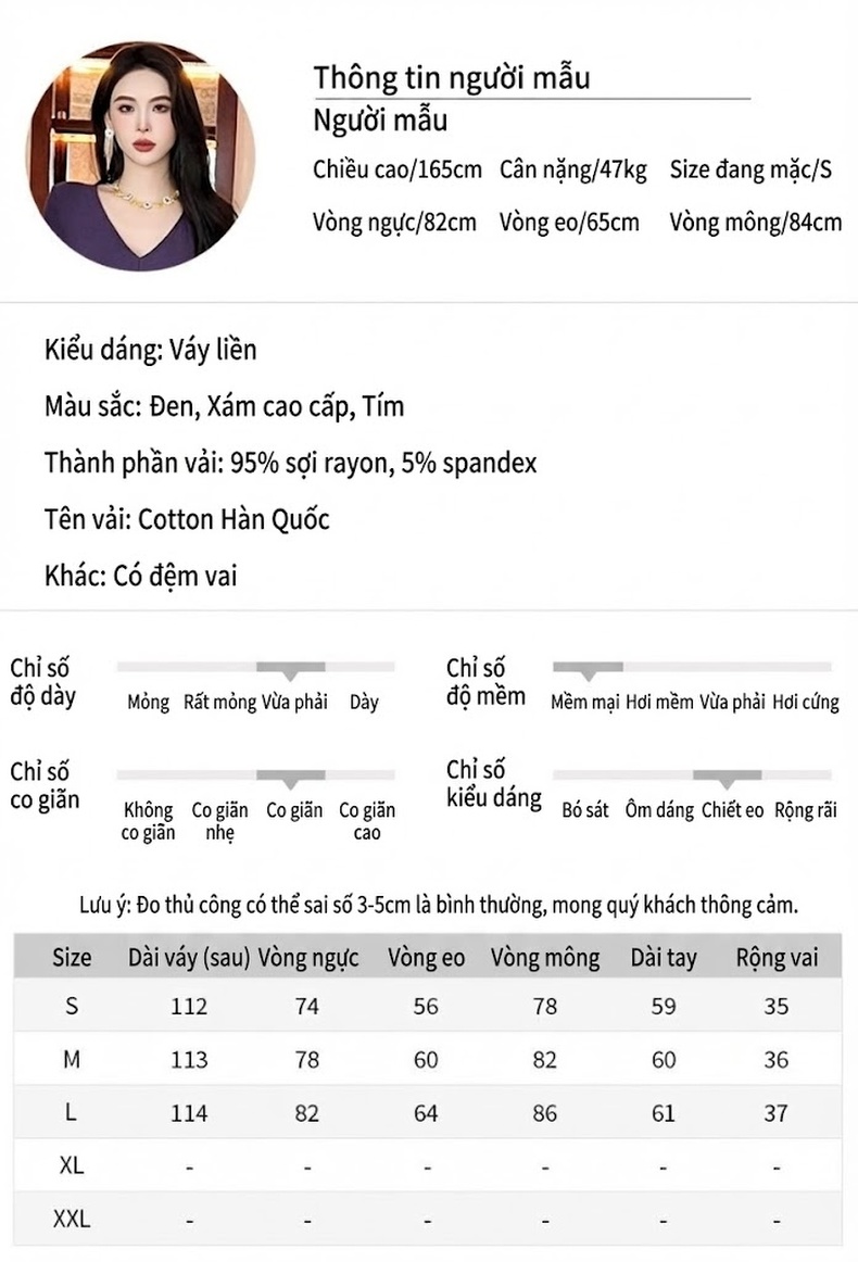 Đầm Ôm Body Tay Dài Cổ Chữ V Phong Cách Pháp Màu Đen, Tím Than chi tiết 2