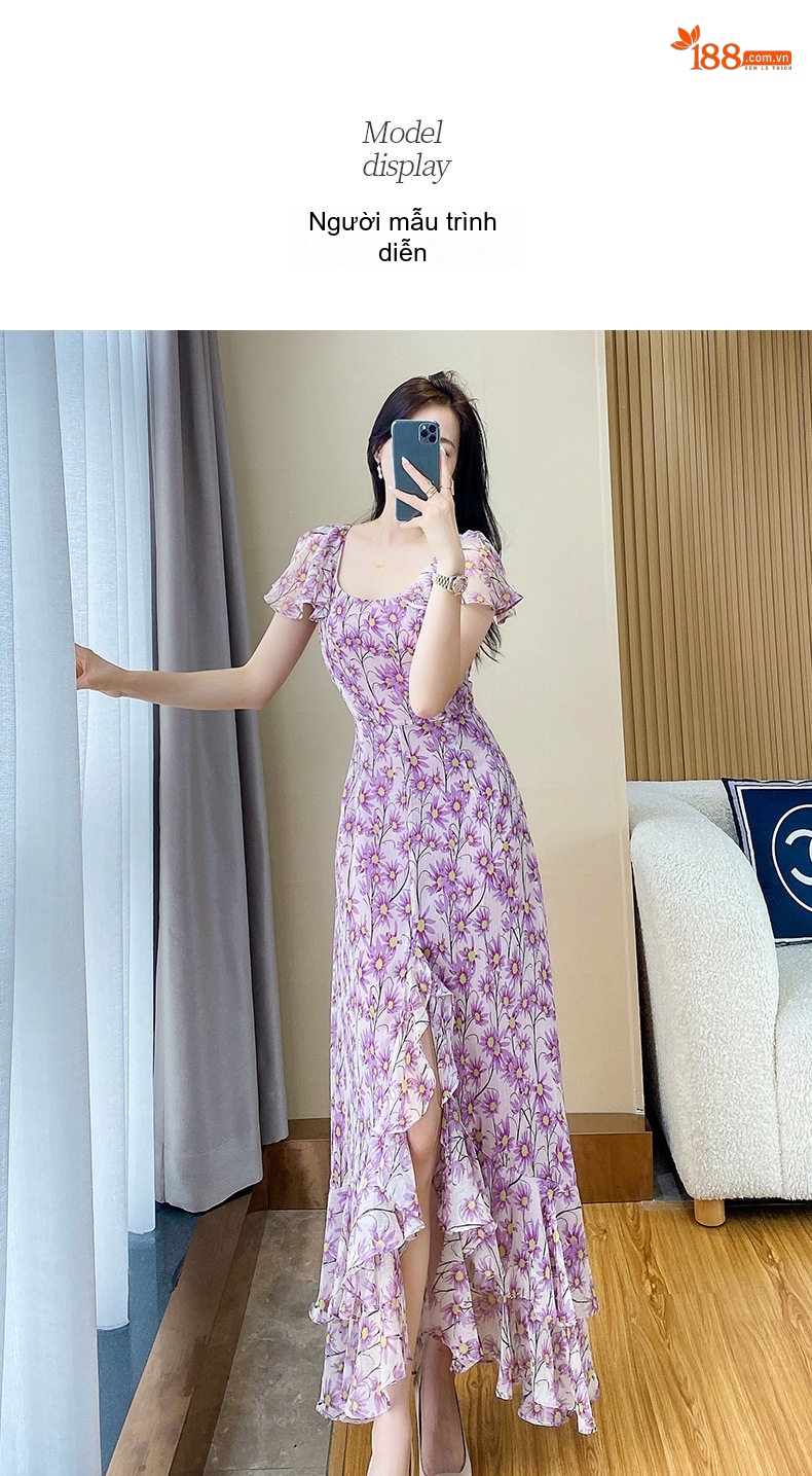 Váy liền thân Nữ Hoa Nhí Bèo Nhún Dáng Dài Xẻ Tà Chất Liệu Voan Màu Tím chi tiết 7