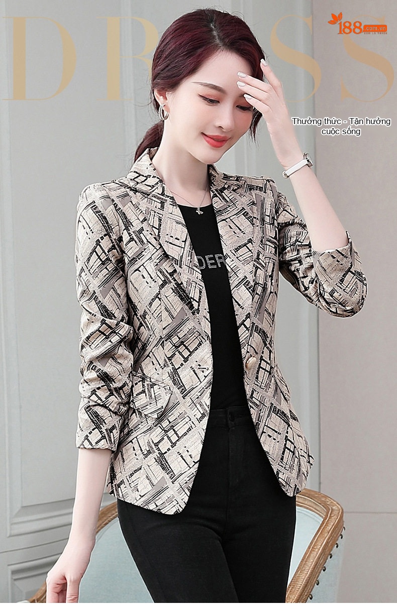 Áo Khoác Blazer Nữ Dáng Ôm Ngắn Tay Lỡ Họa Tiết Kẻ Sọc Màu Be, Đen, Đỏ chi tiết 1