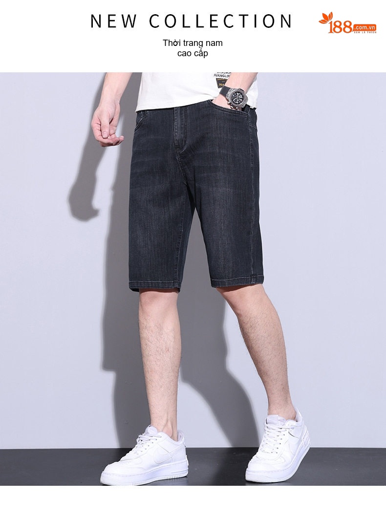 Quần Short Jean Nam Ống Lửng Co Giãn Thoáng Mát Màu Xanh, Đen chi tiết 1