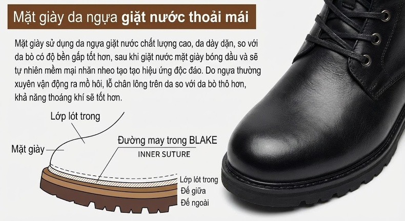 Giày Martin Nam Da Bò Cổ Cao Cổ Điển Mũi Tròn Chiều Cao Đế Khoảng 3cm Màu Nâu, Đen chi tiết 3