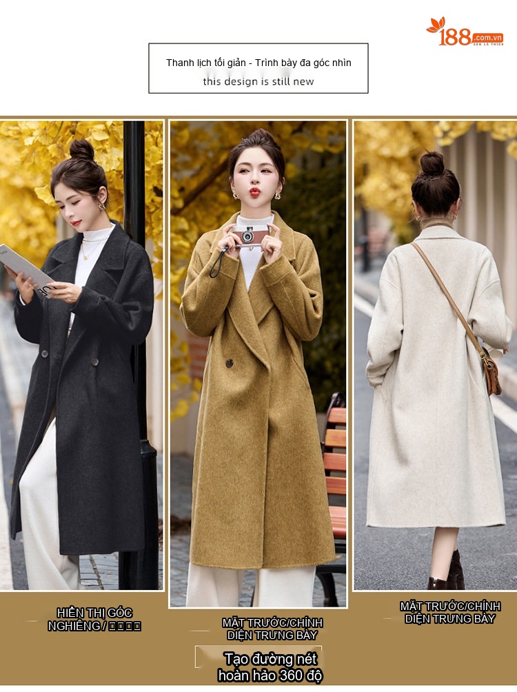 Áo Khoác Dạ Nữ Hai Mặt Dáng Dài Phong Cách Hepburn Màu Be, Nâu, Đen chi tiết 8
