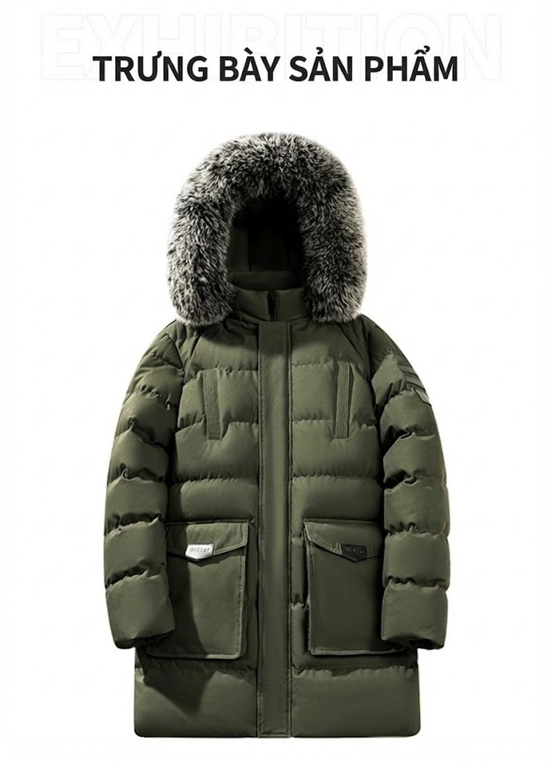 Áo Khoác Phao Nam Dáng Dài Có Mũ Lông Dày Cotton Giữ Ấm Màu Đen, Xanh Rêu, Xanh Navy chi tiết 9