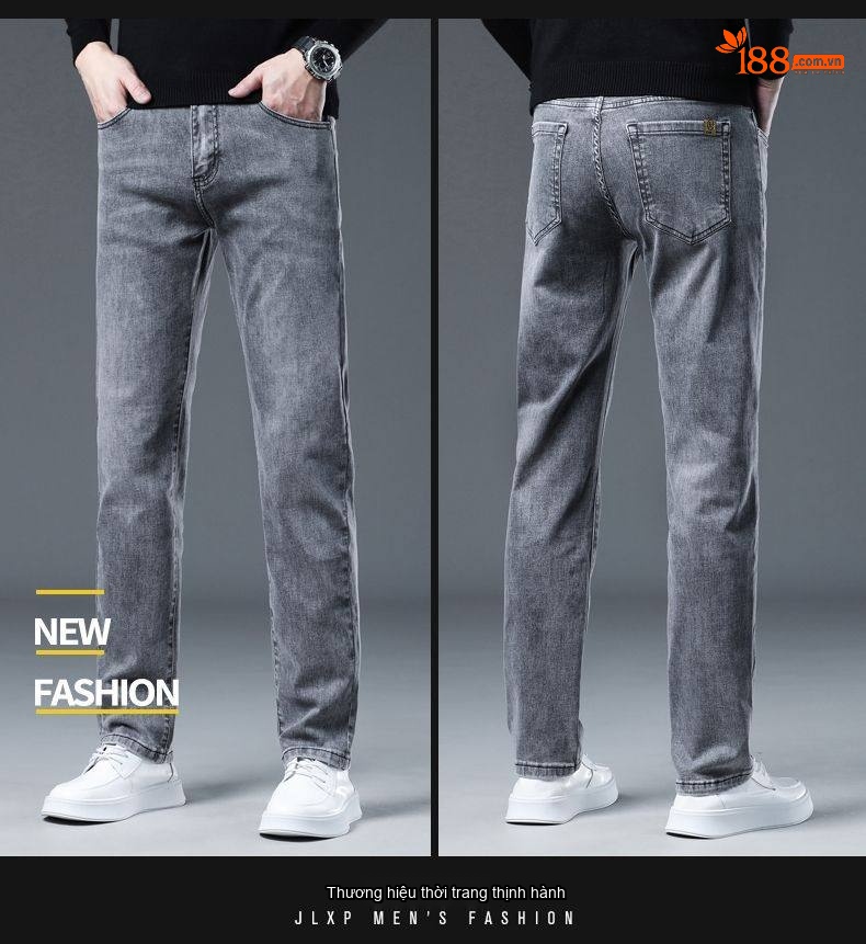 Quần Jean Nam Dáng Suông Vải Cotton Co Giãn Màu Đen Khói chi tiết 23