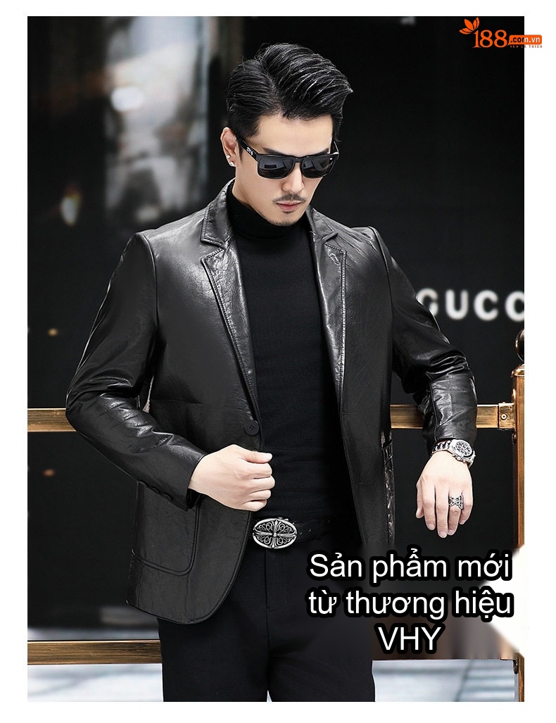Áo Khoác Da Bò Nam Dáng Vest Tây Khóa Cài Phong Cách Hải Ninh Màu Đen chi tiết 13