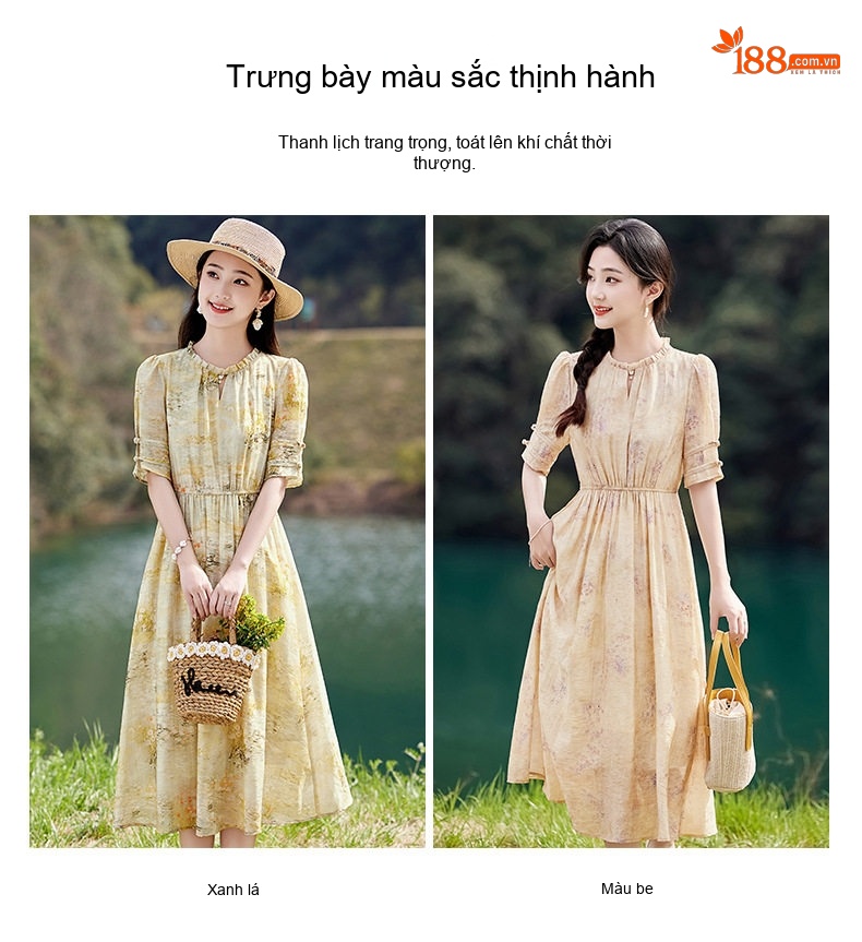 Váy liền thân Nữ Dáng Dài Họa Tiết Hoa Nhí Cổ Điển Thắt Eo Thanh Lịch chi tiết 12