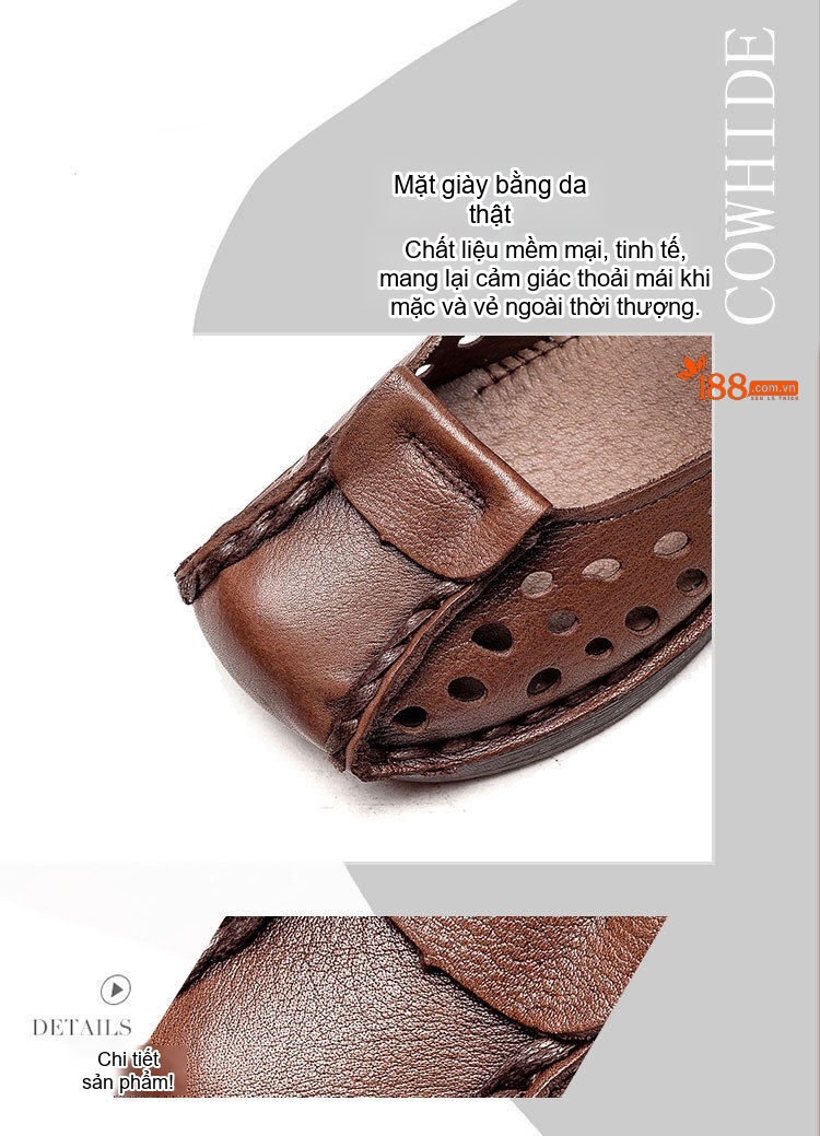 Dép Sandal Nữ Da Bò Quai Dán Hở Ngón Đế Xuồng Thoáng Khí Đế Cao 5cm - 6cm Màu Nâu, Kem chi tiết 3