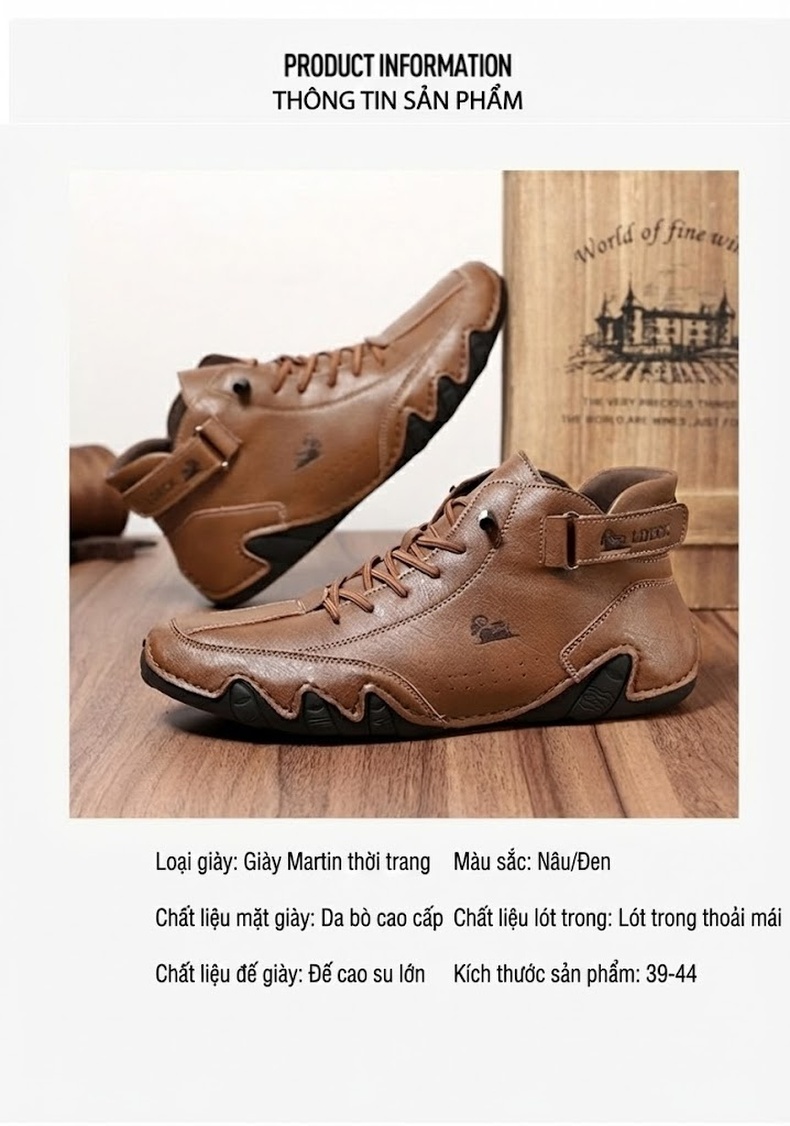 Giày Boot Martin Nam Cao Cổ Da Bóng Buộc Dây Chiều Cao Đế Khoảng 3cm Màu Nâu chi tiết 3