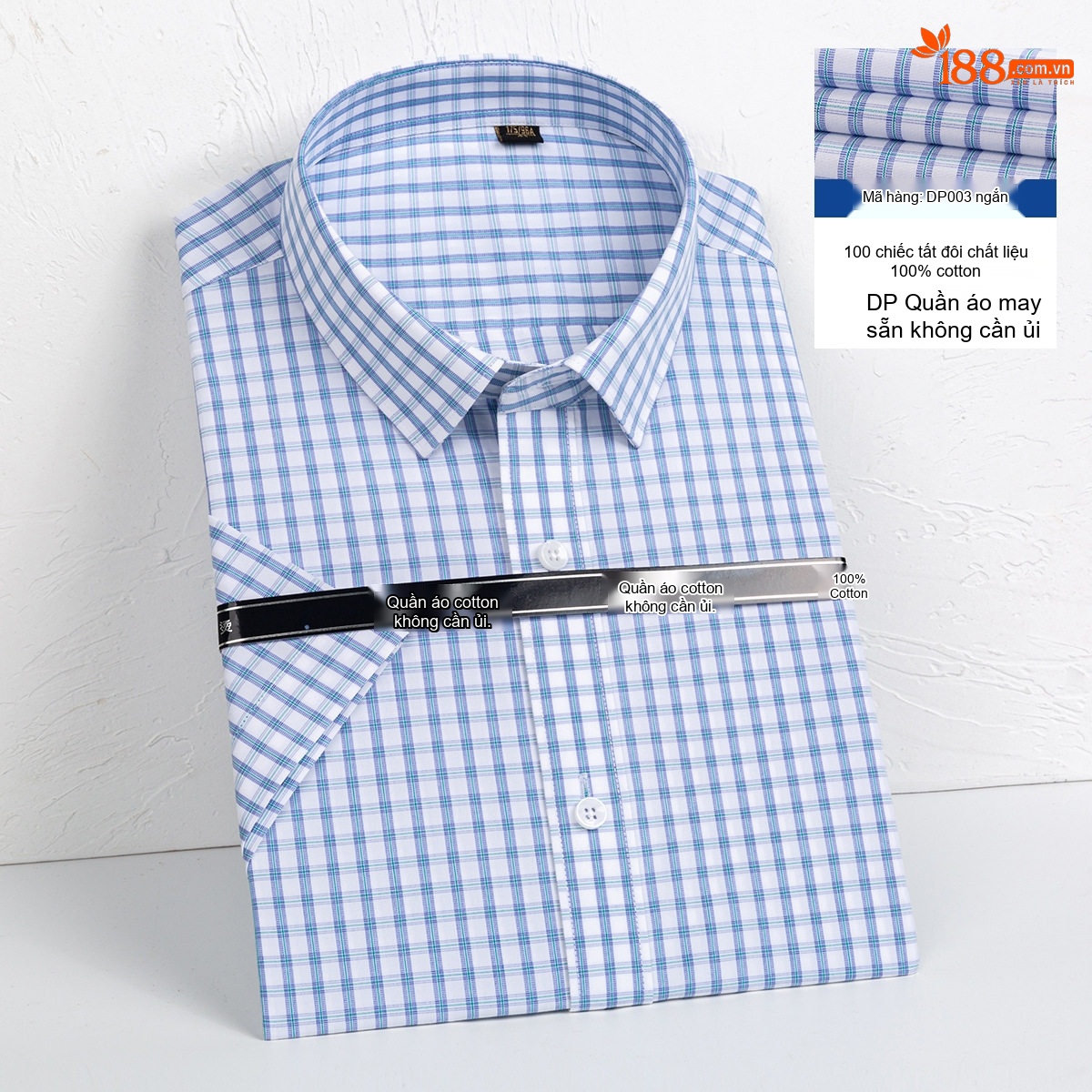 Áo Sơ Mi Nam Tay Ngắn Cotton Dáng Ôm Chống Nhăn Màu Xanh, Trắng
