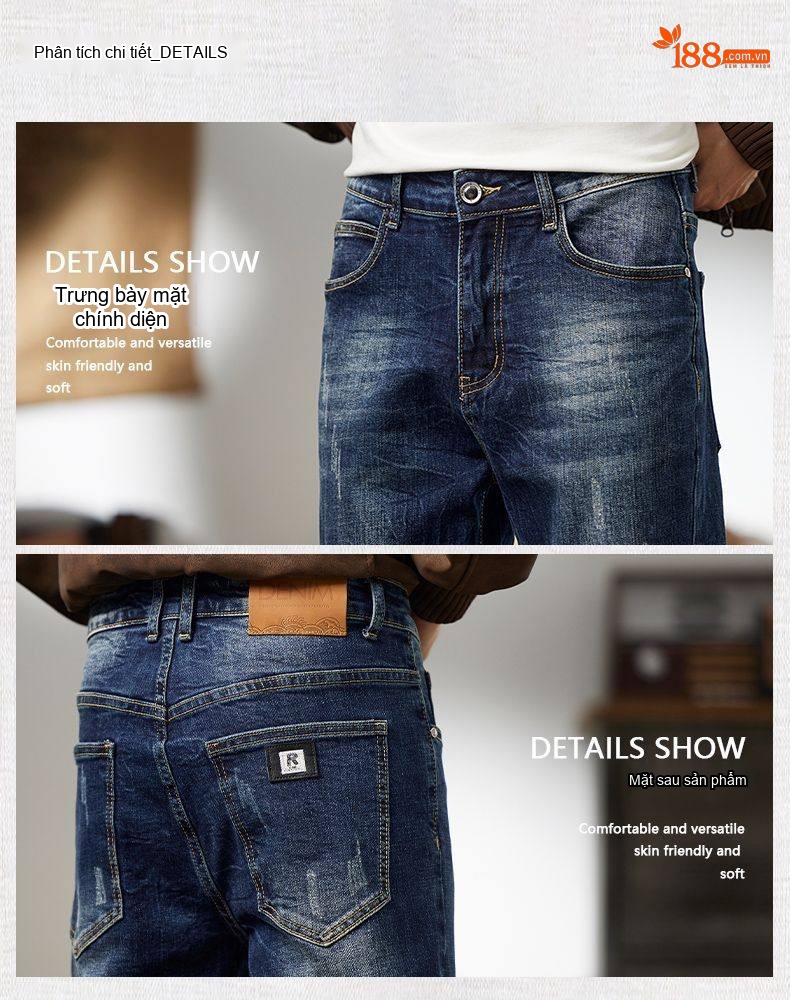 Quần Jean Nam Cotton Dáng Ôm Vừa Vặn Màu Xanh Denim chi tiết 4