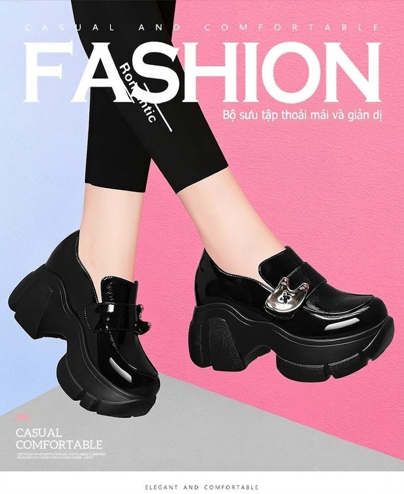 Giày Loafer Nữ Da Bóng Chiều Cao Đế 8cm Tăng Chiều Cao Màu Đen, Kem chi tiết 1