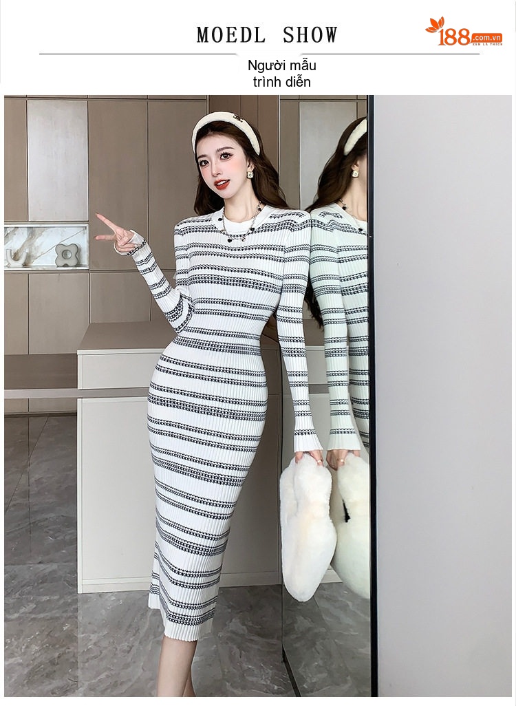 Váy Dệt Kim Nữ Ôm Body Họa Tiết Sọc Dài Tay Thanh Lịch Màu Trắng, Đen, Đỏ chi tiết 5