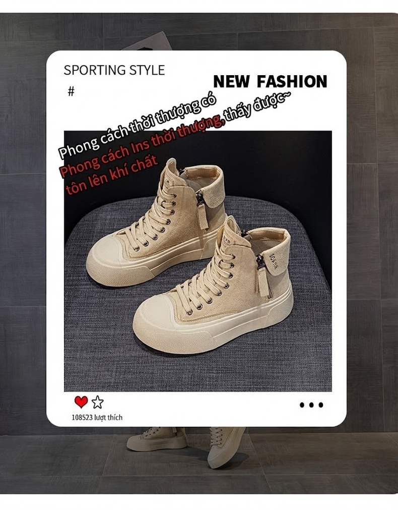 Giày Sneaker Nữ Cổ Cao Đế Dày Da Mờ Chiều Cao Đế Khoảng 4cm Màu Nâu, Kem, Đen chi tiết 3