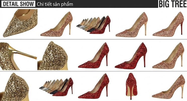 Giày Cao Gót Nữ Mũi Nhọn Lấp Lánh Chiều Cao Đế Khoảng 8cm Màu Hồng, Vàng, Bạc, Trắng... chi tiết 11