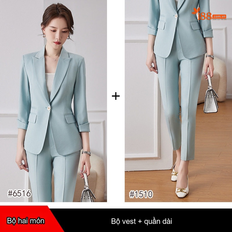Bộ Vest Công Sở Nữ Tay Lỡ Phong Cách Hàn Quốc Màu Kem, Xanh, Đen