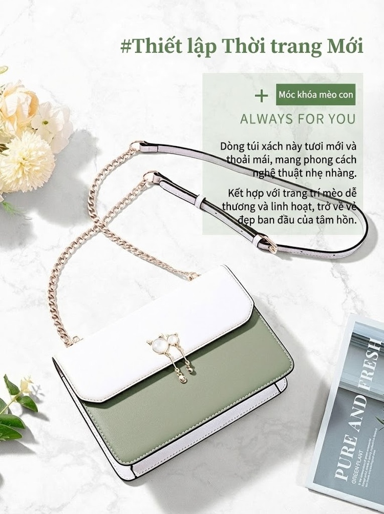 Túi Đeo Chéo Nữ Da Thật Dáng Vuông Nhỏ Quai Xích Màu Trắng, Xanh chi tiết 9