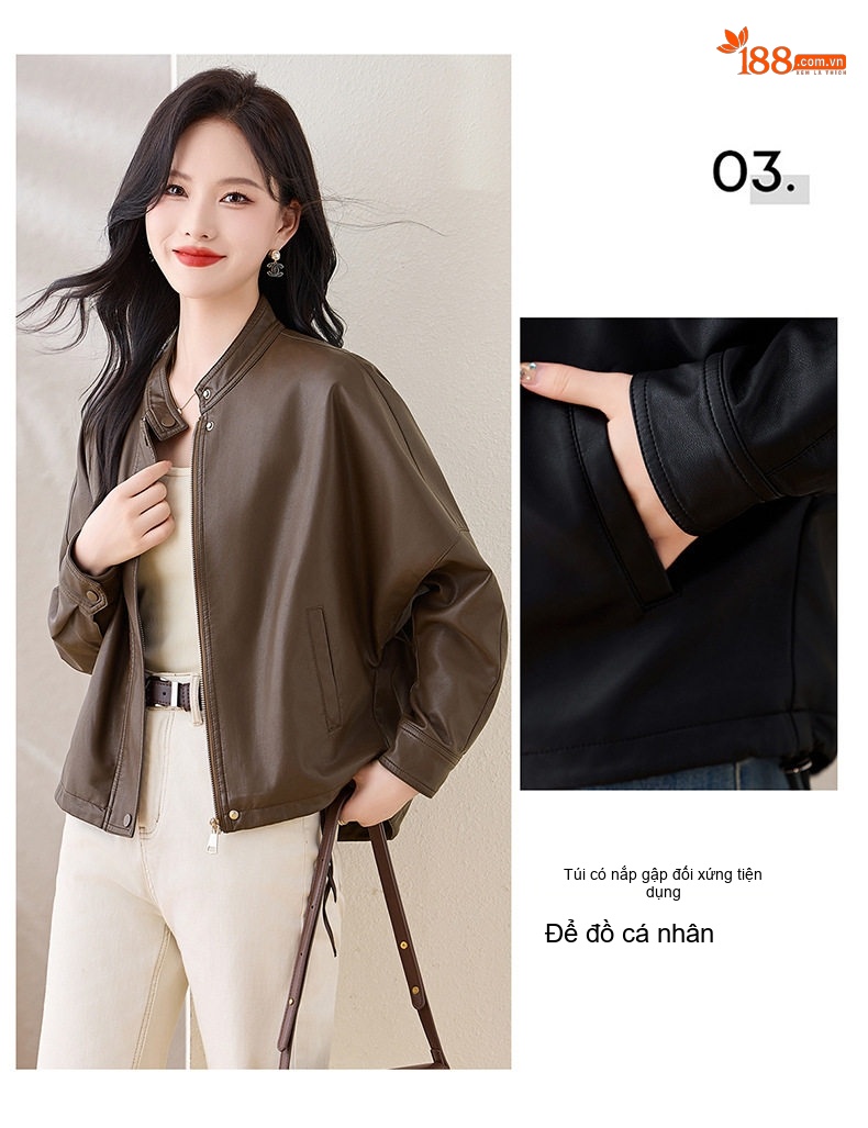 Áo Khoác Da Nữ Cổ Trụ Kiểu Mỹ Retro Dáng Ngắn Rộng Màu Đen, Nâu chi tiết 15
