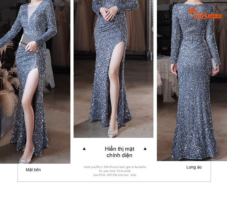 Đầm Dạ Hội Nữ Lấp Lánh Xẻ Tà Dáng Dài Tay Dài Màu Bạc, Vàng Đồng chi tiết 7