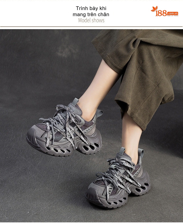 Giày Sneaker Nữ Đế Xuồng Dây Buộc Phong Cách Retro Chiều Cao Đế Khoảng 5cm Màu Đen, Xám, Nâu chi tiết 7