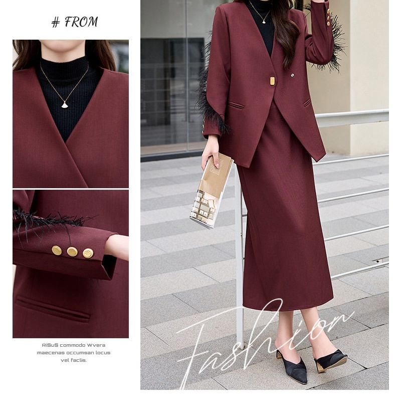 Set Áo Blazer Tay Lông và Chân Váy Nữ Phong Cách Hàn Quốc Màu Đỏ Rượu Vang, Đen chi tiết 6