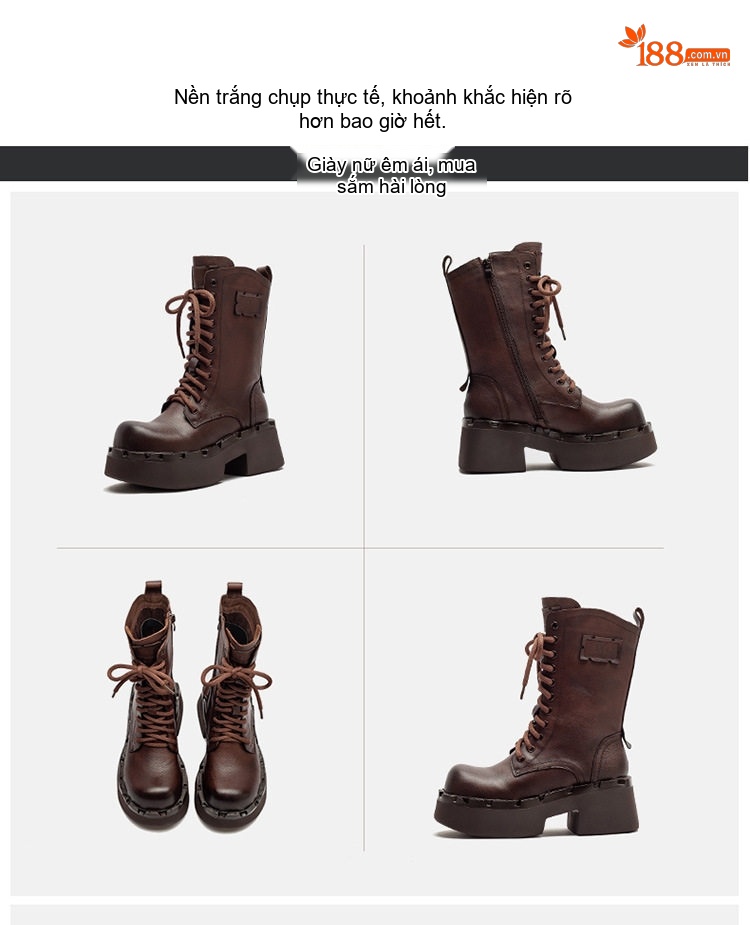 Boot Martin Nữ Da Bò Cổ Cao Tăng Chiều Cao Đế Khoảng 6cm Màu Đen, Nâu chi tiết 16