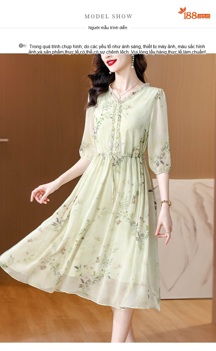Váy Chữ A Lụa Tơ Tằm Thắt Eo In Hoa Dáng Suông Cho Mẹ Trung Niên chi tiết 8