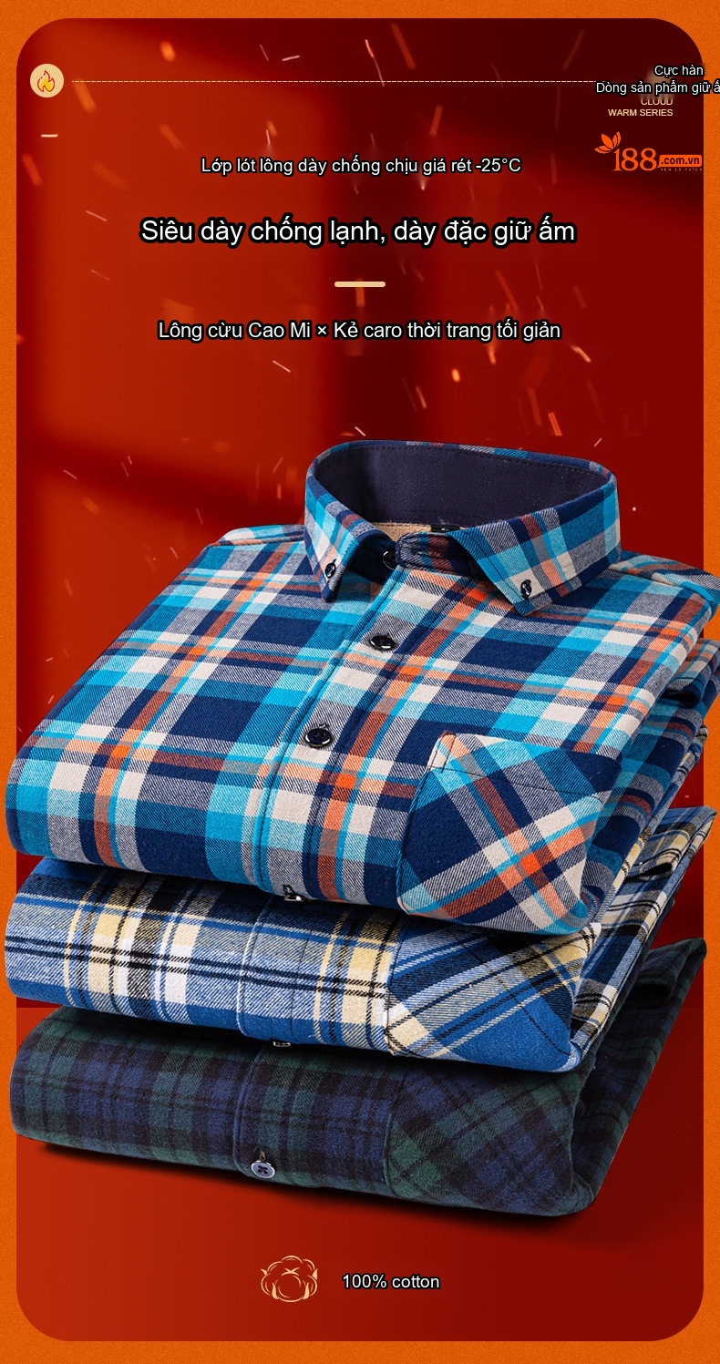 Áo Sơ Mi Nam Ca Rô Lông Cừu Non Cotton Dày Dặn Giữ Ấm Màu Đen, Đỏ, Xanh Dương, Xanh Lá... chi tiết 3