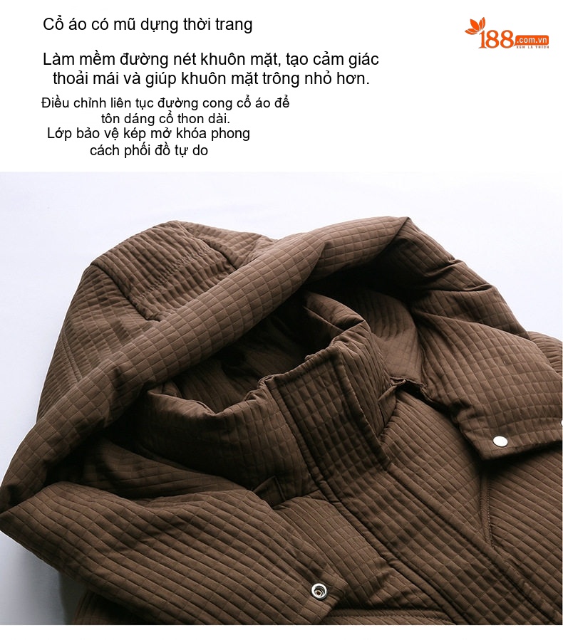 Áo Khoác Phao Nữ Dáng Ngắn Cotton Dày Dặn Giữ Ấm Cổ Cao Có Mũ Trùm Đầu Màu Nâu, Đen chi tiết 9