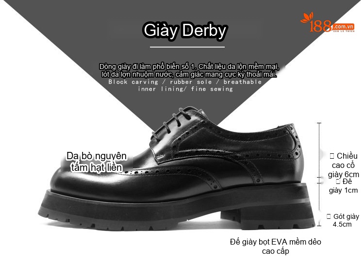 Giày Tây Buộc Dây Nam Da Thật Kiểu Brogue Chiều Cao Đế Khoảng 4cm Màu Đen, Nâu chi tiết 2