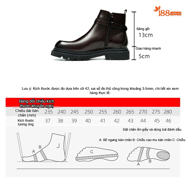 Boot Nam Cao Cổ Da Bò Khóa Cài Phong Cách Anh Quốc Chiều Cao Đế Khoảng 4cm Màu Đen, Nâu Đỏ chi tiết 10