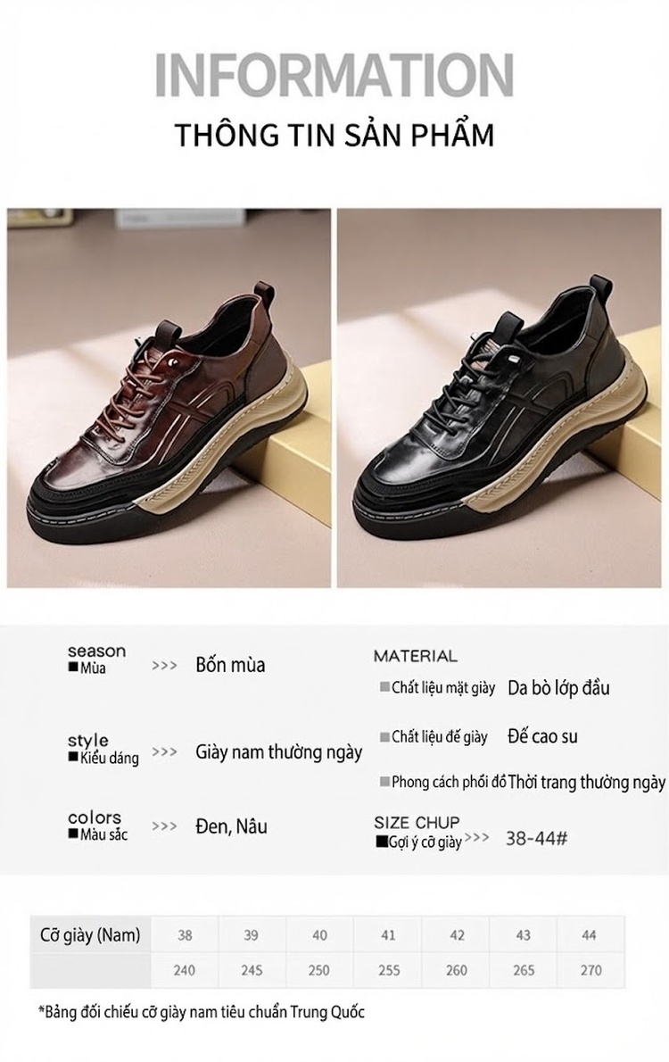 Giày Thể Thao Buộc Dây Nam Da Bóng Chiều Cao Đế Khoảng 4cm Màu Đen, Nâu chi tiết 5