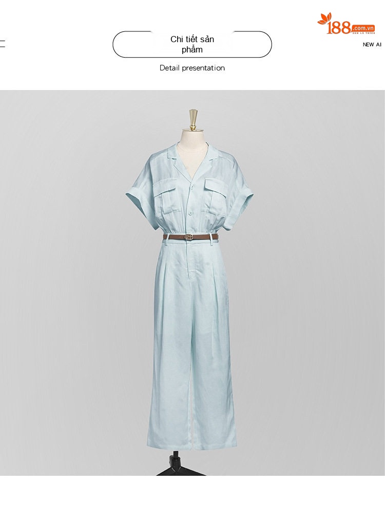 Jumpsuit Nữ Tay Ngắn Cổ chữ Vest Dáng Suông Chiết Eo Thanh Lịch Màu Xanh chi tiết 16