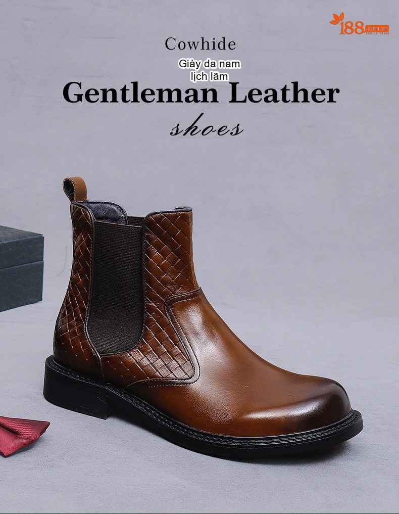 Giày Chelsea Boot Nam Da Bò Dập Vân Chiều Cao Đế Khoảng 3cm Màu Đen, Nâu chi tiết 1