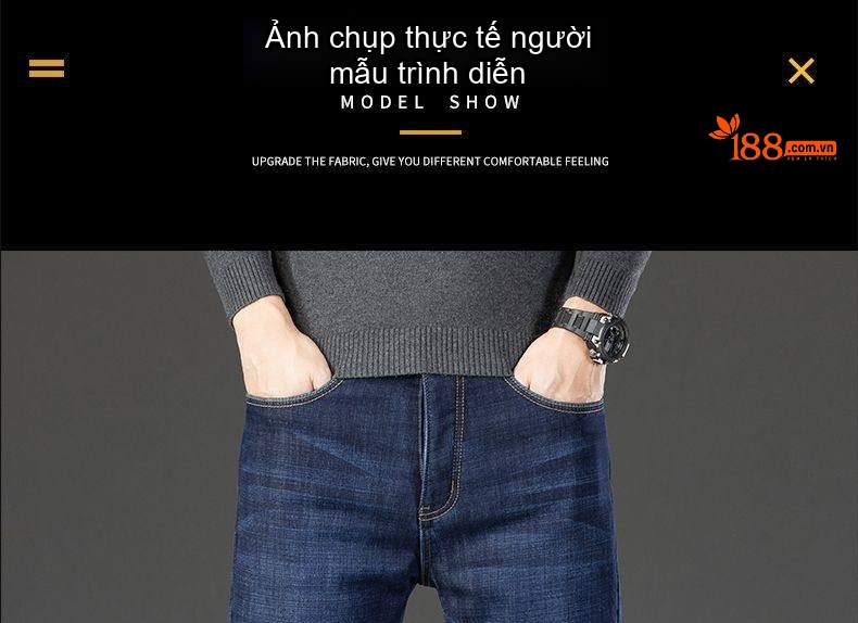 Quần Jean Nam Dáng Suông Dài Lót Lông Dày Ấm Màu Xanh Đậm chi tiết 6