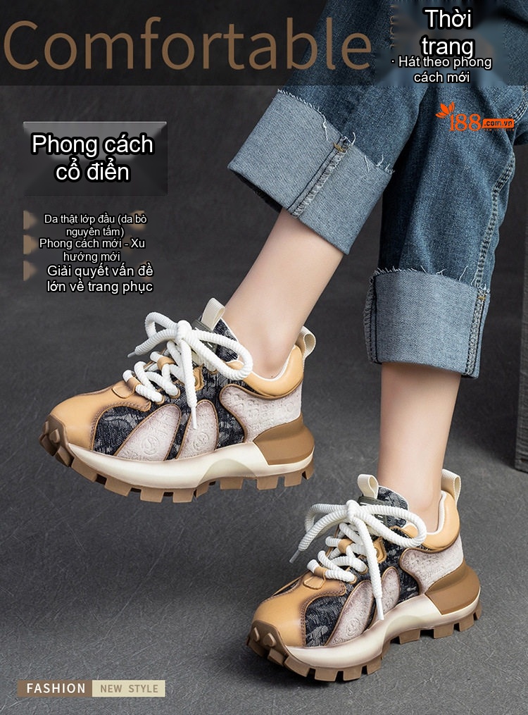 Giày Sneaker Nữ Dây Buộc Đế Dày Phong Cách Retro Chiều Cao Đế Khoảng 5cm Màu Nâu, Đen chi tiết 1