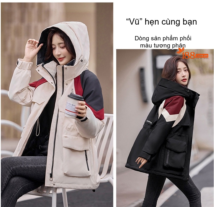 Áo Khoác Phao Nữ Dáng Dài Vừa Người Kiểu Parka Công Sở Lót Lông Vịt Màu Kem, Đỏ, Đen chi tiết 6