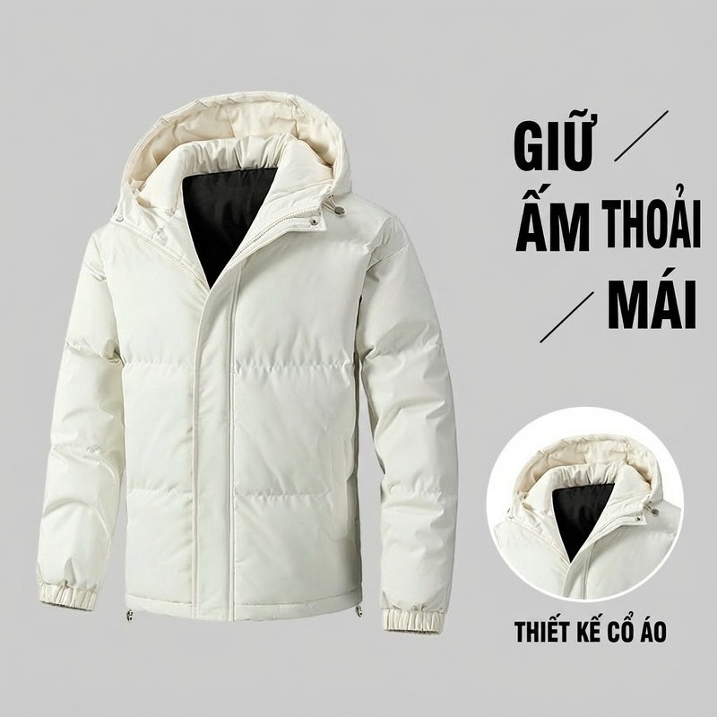 Áo Khoác Cotton Nam Nữ Mũ Trùm Đầu Dáng Rộng Mùa Đông Màu Xám, Xanh Lá, Đen, Trắng