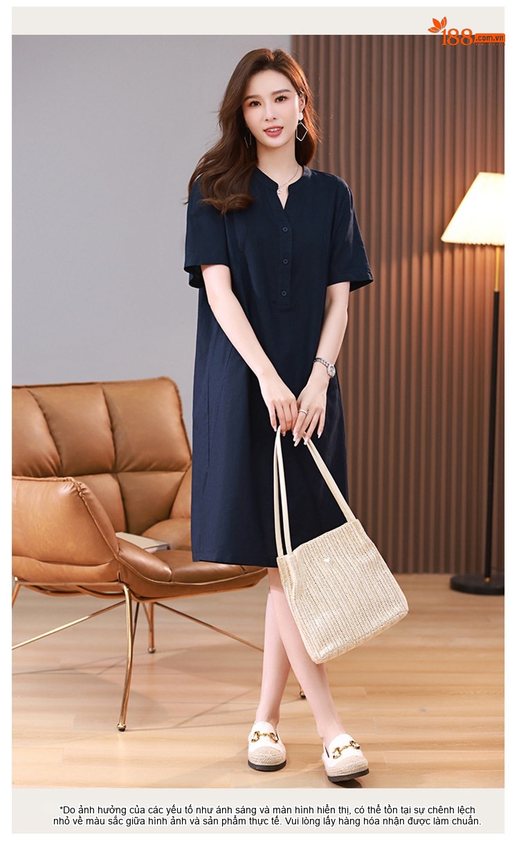 Váy Midi Nữ Cổ chữ V Tay Ngắn Phong Cách Retro Thanh Lịch Cotton Màu Xanh Rêu, Xanh Lá, Tím, Xanh Navy... chi tiết 20