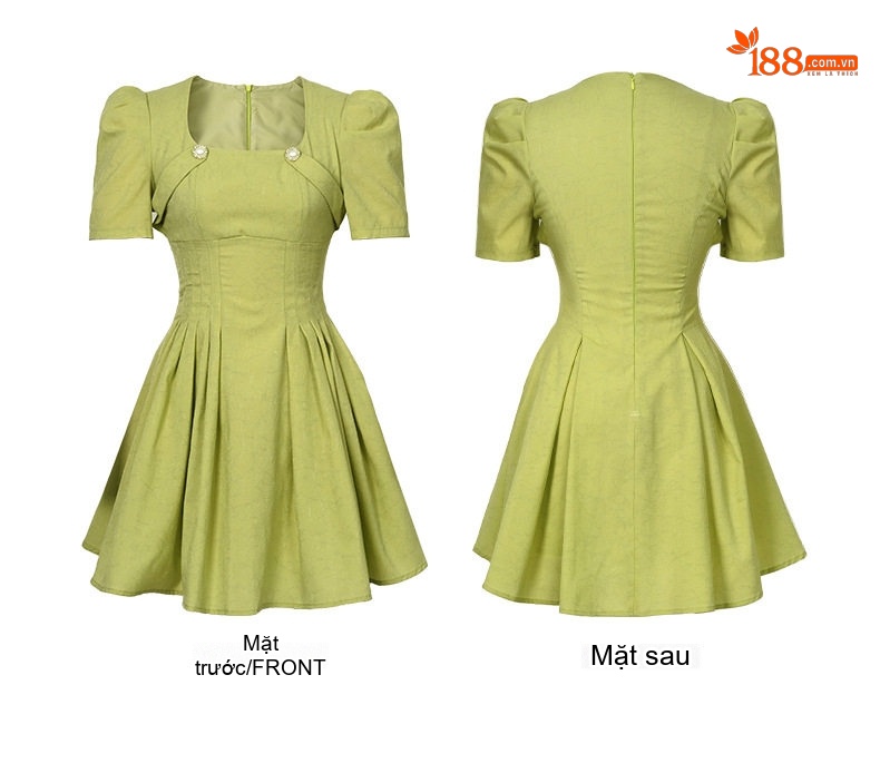 Váy Đầm Nữ Tay Ngắn Cổ chữ Vuông Dáng Chữ A Thiết Kế Pháp Thanh Lịch Màu Xanh Lá chi tiết 6