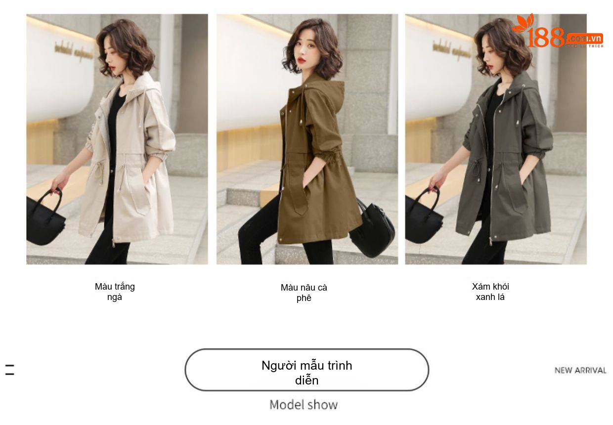 Áo Khoác Gió Nữ Dáng Dài Vừa, Mũ Trùm Đầu, Phong Cách Hàn Quốc Màu Be, Xanh Olive chi tiết 11