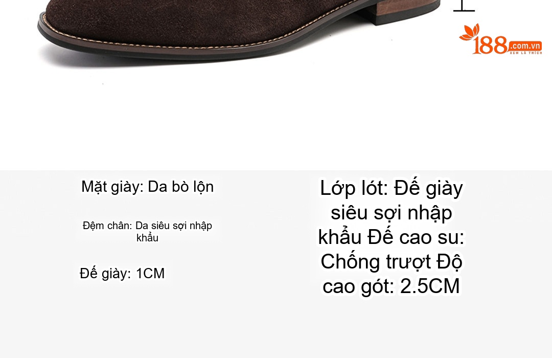 Giày Lười Nam Da Mờ Chiều Cao Đế Khoảng 2cm Màu Nâu, Xanh Navy chi tiết 6