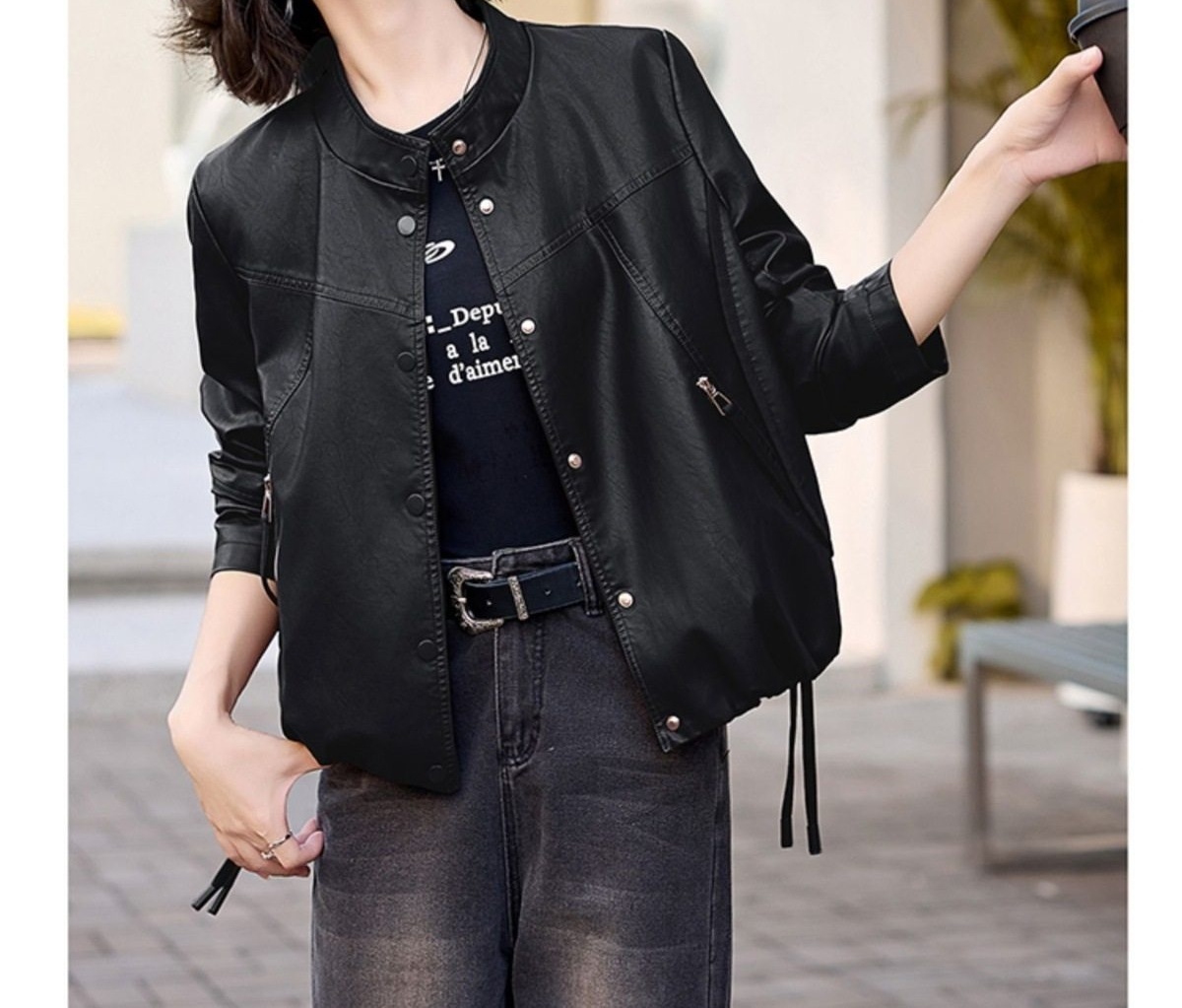 Áo Khoác Bomber Nữ Da PU Dáng Ngắn Thời Trang Màu Đen, Đỏ Rượu chi tiết 13